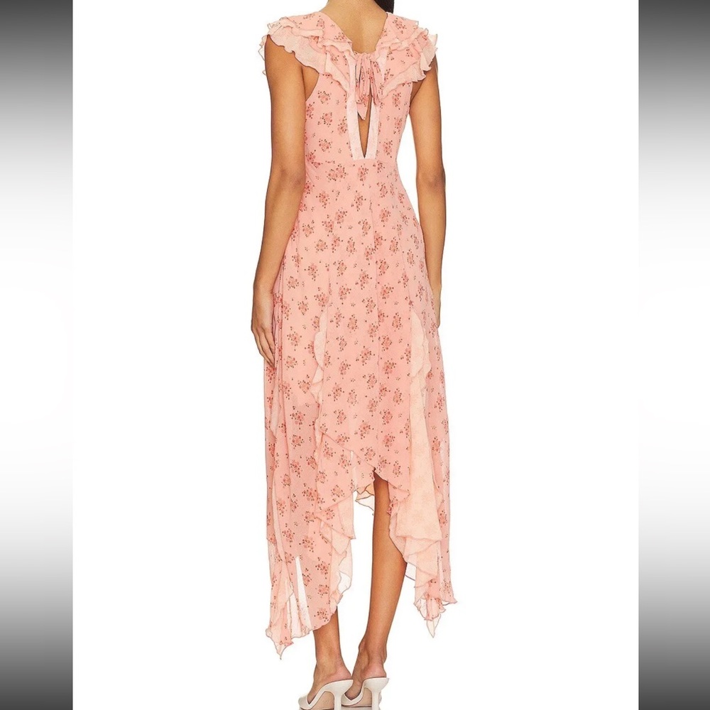 Free People Joaquin Floral Asymmetrical Hem Midi Dress in Peach Combo - Picture 4 of 14